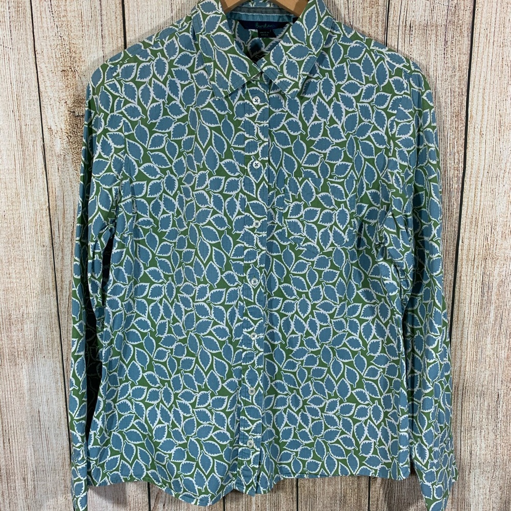 Boden Long Sleeve Leaf Print Shirt Blue Green